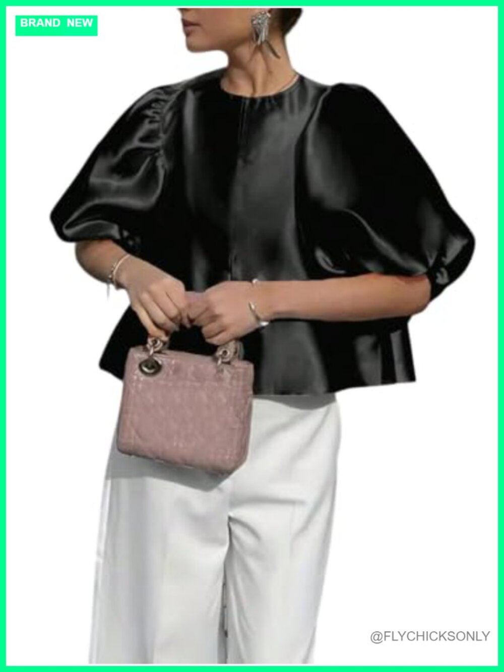 Satin Dressy Blouse Puff Sleeve Keyhole Flowy Office Top